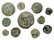 11 monedas: ases (2), semis (5) y cuadrantes (4). Cástulo (9), Gades y Malaca. BC+/MBC-.