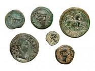 6 monedas: ases (3), semis (2) y cuadrante (1). Sekaisa, Iulia Traducta (2), Celsa, Caesaraugusta e Ilici. BC+/MBC-.
