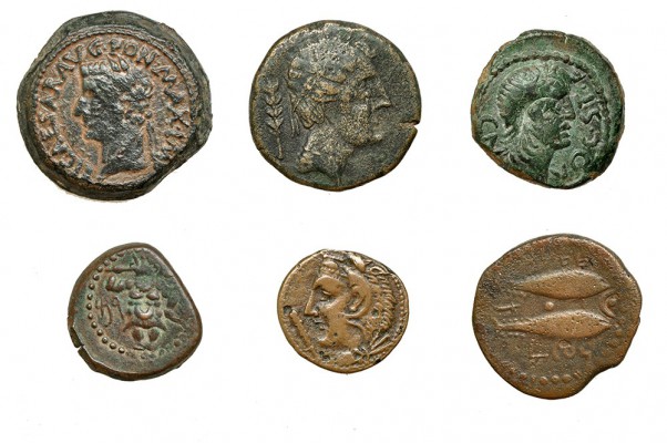 6 bronces ibéricos: ases (3) y semis (3). Castulo, Ebusus, Emerita, Gades (2) y ...