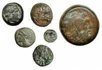 6 bronces de AE-10 a AE 32mm. Sicilia, Macedonia, Galia y Egipto. BC+/MBC-.