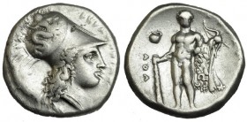 LUCANIA. Heracleia. Estátera-didracma (370-281 a.C.). A/ Cabeza de Atenea galeada a der; RHRAK(LEIWN). R/ Heracles con maza, arado y leonté, en el cam...