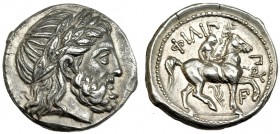 MACEDONIA. Filipo II. Anfípolis. Tetradracma (359-336 a.C.). A/ Cabeza de Zeus laureada a izq. R/ El monarca cabalgando a der. con rama, debajo aplust...