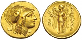 MACEDONIA. Alejandro III. Anfípolis. Estátera (330-320 a.C.). A/ Cabeza de Minerva con casco corintio a der. R/ Nike con fúlmen a su izq. AU 8,53 g. P...