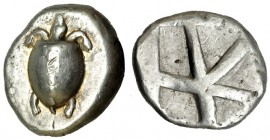 EGINA. Estátera (480-457 a.C.). A/ Tortuga marina. R/ Cuadrado incuso. AR 12,18 g. COP-507. SB-1858. Contramarca. MBC.