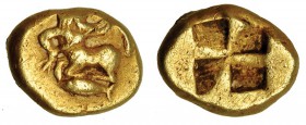 MYSIA. Kyzikos. Hekte (450-400 a.C.). A/ Centauro a izq., debajo atún. R/ Cuatripartito incuso. SNR-85. MBC.