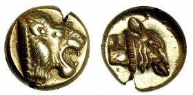 LESBOS. Mytilene. Hekte (521-478 a.C.). A/ León rugiendo. R/ Cabeza incusa de vaca. EL-2,49 g. SBG-4240. MBC+.