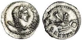 MAURITANIA. Juba II. Cesarea. Denario (25 a.C.-23 d.C.). R/ Capricornio con globo, cornucopia y timón, debajo: R•XXXXII. AR 3,1 g. Mazard-211. EBC-....