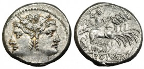 ACUÑACIONES ANÓNIMAS. Cuadrigato. Roma (225-212 a.C.). A/ Cabeza laureada de Jano. R/ Júpiter en cuádriga, debajo ROMA en relieve en cartela. AR 6,60 ...