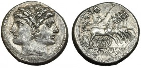 ACUÑACIONES ANÓNIMAS. Cuadrigato. Roma (225-212 a.C.). A/ Cabeza laureada de Jano. R/ Júpiter en cuádriga, debajo ROMA en relieve en cartela. AR 6,80 ...