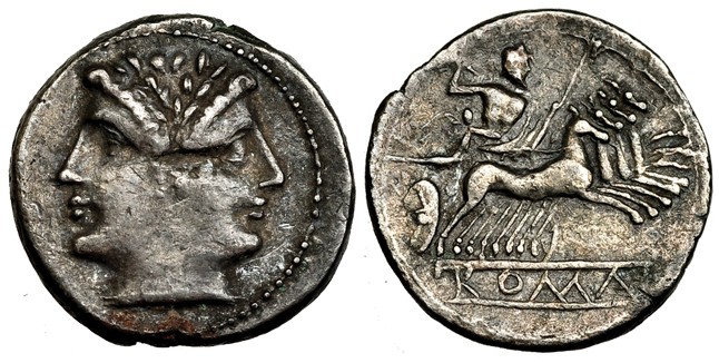 ACUÑACIONES ANÓNIMAS. Cuadrigato. Roma (225-212 a.C.). A/ Cabeza laureada de Jan...