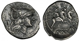 AURELIA. Quinario (209 a.C.). Sardinia. A/ Cabeza de Roma a der., detrás V. R/ Dióscuros a der., en el exergo, ROMA, a la derecha AVR, entrelazadas. S...