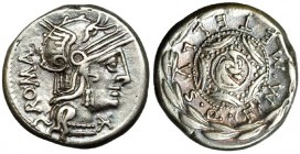 CAECILIA. Denario. Roma (127 a.C.). R/ Escudo macedonio dentro de corona de laurel. FFC-205. SB-29. MBC+.