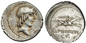 CALPURNIA. Denario. Roma (90-89 a.C.). R/ Ley.: L. PISO FRVGI CVTI, VT enlazadas. FFC-243. EBC.