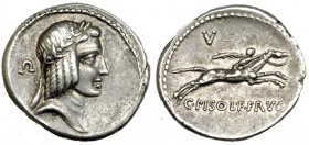 CALPURNIA. Denario. Roma (64 a.C.). A/ Letra W, detrás de la cabeza. R/ V encima del jinete; C. PISO L. F. FRVG. FFC-347. MBC+.