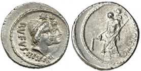 CORDIA. Denario. Roma (46 a.C.). A/ Cabezas adosadas de los Dióscuros; RVFVS. III. VIR. FFC-603. SB-2a. Algo descentrada. EBC-.