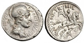 FONTEIA. Denario. Roma (55 a.C.). R/ Jinete luchando con dos enemigos arrodillados. FFC-723. SB-17. EBC-.