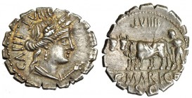 MARIA. Denario. Roma (81 a.C.). R/ Colono conduciendo dos bueyes a izq.; encima número: LVIIII. FFC-901. SB-9. EBC-.