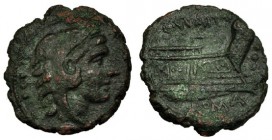 NUMITORIA. Quadrans (Circa 133 a.C.). R/ C. NVMIT sobre proa, delante tres puntos, debajo: ROMA. CRAW.246/4a. Pátina verde oscuro. MBC.