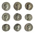 9 denarios: Faustina II, Septimio Severo, Julia Domna y Alejandro Severo (6). MBC-/MBC.