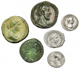 6 monedas: sestercios de Cómodo (2) y Lucilla; denarios forrados de Augusto y Claudio I; antoniniano de Gordiano III. MBC-/MBC+.