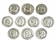 10 antoninianos diferentes: Filipo I (3), Gordiano III (3), Trajano Decio, Aureliano (2) y Probo. MBC/MBC+.