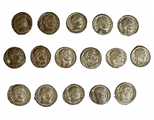 16 monedas de follis reducido (AE-2): Antioquía (9), Cyzicus (3), Nicomedia (2) ...