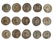 15 monedas de follis reducido (AE-2): Crispo (8) y Constancio II (7). Muchos con R.P.O. Calidad media EBC-.