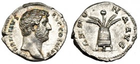 ADRIANO. Denario. Roma (134-138). A/ Cabeza desnuda a der. R/ Modius con cuatro espigas y una amapola; ANNONA AVG. RIC-230. SB-172. EBC. Escasa.