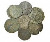 8 vellones de Enrique IV diferentes: cuartillos (3), Segovia, G gótica y M gótica; maravedíes (3), Cuenca, G gótica y Sevilla; dinero, La Coruña; blan...