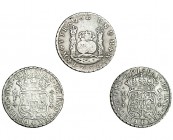3 monedas de 8 reales. 1752 y 1753, MM; 1754, MM. México. Corona imperial y real. Calidad media MBC-.