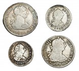 4 monedas de plata. 2 reales: 1777, México y 1780, Lima; Real: 1792, Lima y 1785, Potosí. BC+/MBC-.