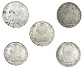 5 monedas de 8 reales. México. 1773, 1777, 1779, 1784 y 1786. Calidad media MBC-/MBC.