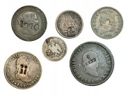 6 monedas con resellos: 2 de España; 1 de 2 reales de 1816 de México; 1 de México; 1 de EE.UU; 1 de Guatemala. Dos de ellas de plata. BC+/MBC-. Muy in...