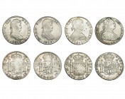 4 monedas de 8 reales. 1808-1820. 1808, Potosí, Carlos IV; 1811, Lima; 1818 y 1820, México. MBC-/MBC+.