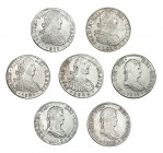 7 monedas de 8 reales. México. 1808, 1809, 1810, 1811 (Busto propio), 1812, HJ y JJ. MBC-/MBC+.