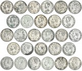 28 monedas de 25 pesetas diferentes: 1870. 1871 (3), 1875, 1876, 1877, 1878 (2), 1879, 1881, 1882, 1883, 1884, 1885 (3), 1888, 1889, 1890, 1891, 1892 ...