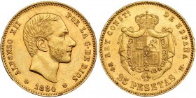 25 pesetas. 1884 *18-84. Madrid. MSM. VII-113. Pequeñas marcas. MBC+.