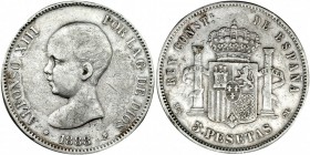 5 pesetas. 1888 *18-88. Madrid. MSM. VII-177. Golpecitos en la gráfila y pequeñas marcas. MBC-. Muy rara.