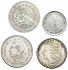 4 monedas de plata. República del Salvador: 50 centavos, 1892, KM 112. EE.UU: dólar, 1886, KM.110. México: 2 pesos, 1921, KM-462; 10 pesos, 1957, KM-4...