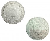 AFGANISTÁN. Lote de 2 monedas de 5 rupias. 1323H y 1326H. KM-843. BC+/MBC-.