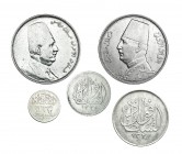 EGIPTO. 5 monedas de plata. 2, 5 y 10 piastras, 1920, KM-325 a 327. 20 piastras, 1923 y 1933. KM-338 y 352. De BC- a MBC+.