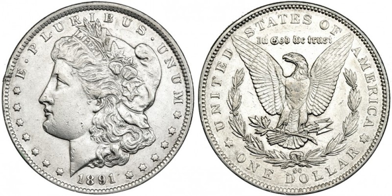 ESTADOS UNIDOS DE AMÉRICA. Dólar. 1891. CC. Golpe en el canto y pequeñas marcas....