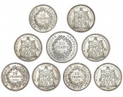 FRANCIA. Lote de 8 monedas de 10 francos y 1 de 50 francos. 1965-1974. Todas diferentes. Las monedas de 10 francos de 1969 con corte en el canto. EBC-...