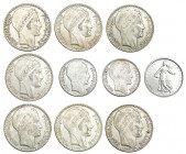 FRANCIA. Lote de 10 monedas: 20 francos, 1929-38 (7); 10 francos, 1931 y 1934; 5 francos, 1963. Calidad media MBC+.
