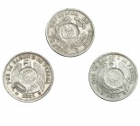 GUATEMALA. 3 monedas de 1 peso de Chile. 1870, 1879 y 1881. Con resello 1/2 real, 1892. KM-216. Calidad media. MBC+.