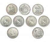 GUATEMALA. 9 monedas de 1 peso. 1864 a 1894. KM-182 (3), 186.1, 197.1. (2), 208 y 210 (2). Calidad media MBC/MBC+.