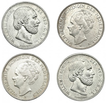 HOLANDA. Lote de 4 monedas de 2 1/2 Gulden. 1851. 1873, 1938 y 1940. KM-82 y 165...
