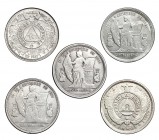HONDURAS. Lote de 5 monedas de 1 peso. 1887, 1889, 1890. 1891 y 1903. KM-52. MBC+/EBC-.