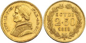 ESTADOS ITALIANOS.Estados Papales. 2’50 escudos. 1858. Pío IX. Año XIII, R. KM-1117. EBC.