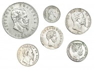ITALIA. 6 monedas de plata. 5 liras, 1871, M, KM-8.3; 20 grana, Nápoles, 1854, C-151a; 50 céntimos, Paolo, 1856 , C-70a; Lira y 2 liras, 1860, C-84, 8...
